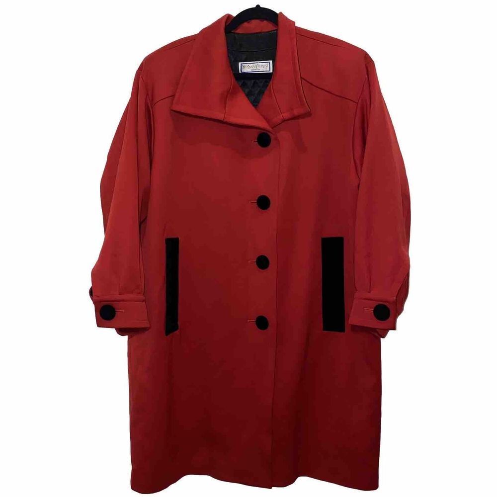 Vintage Yves Saint Laurent Variation Size 14 Red Coat Black Velvet Buttons